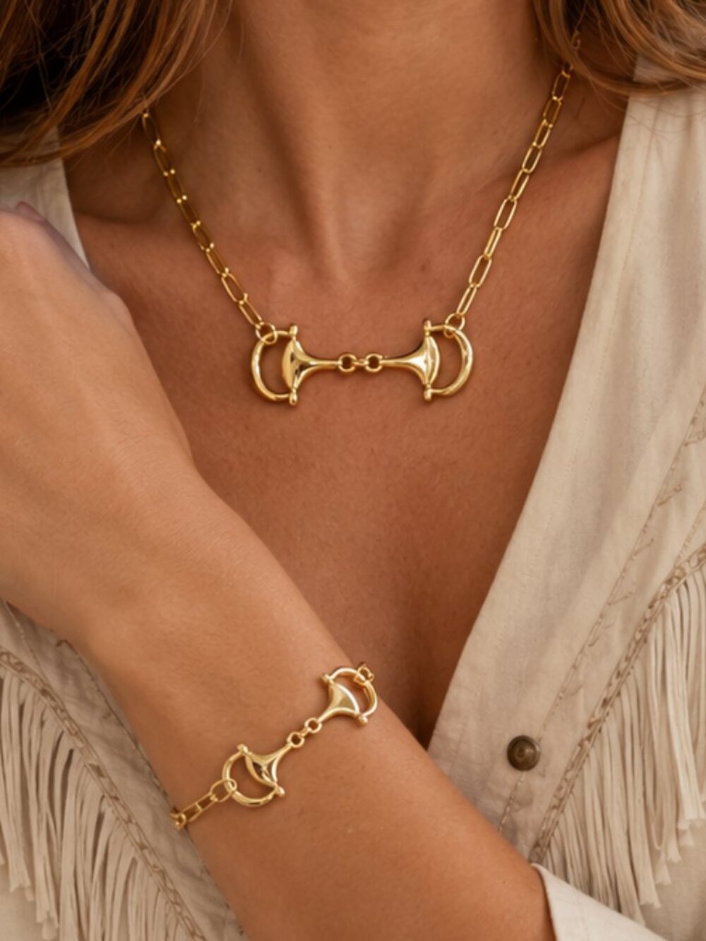 Gold Plated Western Boho Horsebit Paperclip Chain Statement Necklace & Bracelet